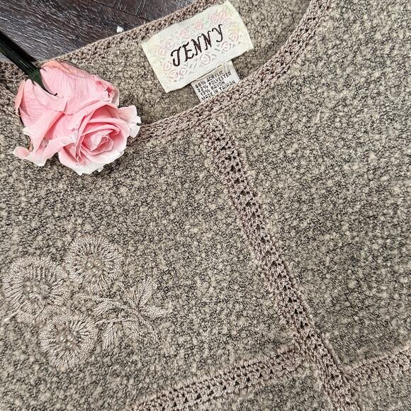 Vintage Jenny Boucle Sweater M Sage Gray Floral Embroidered Bead Cottagecore 90s - Picture 10 of 12